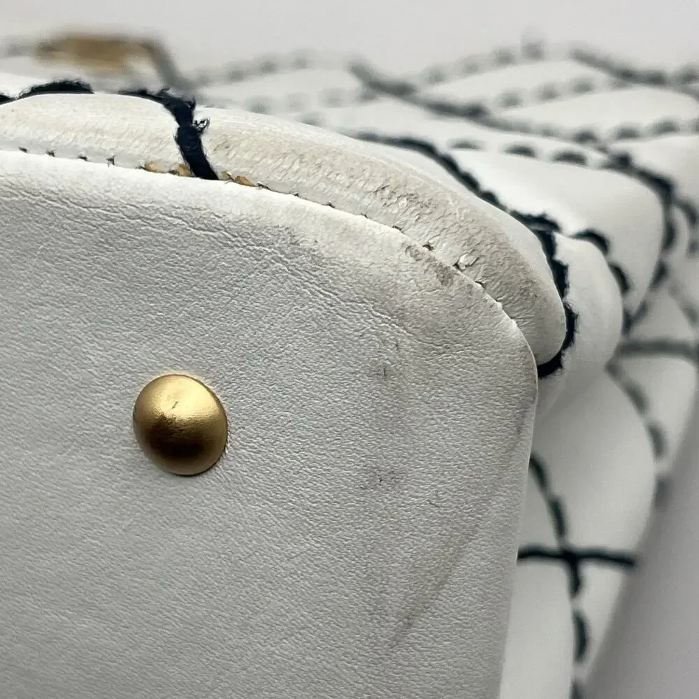 CHANEL Wild Black Stitch White Shoulder Tote Bag Double Chain Gold Tone Hardware